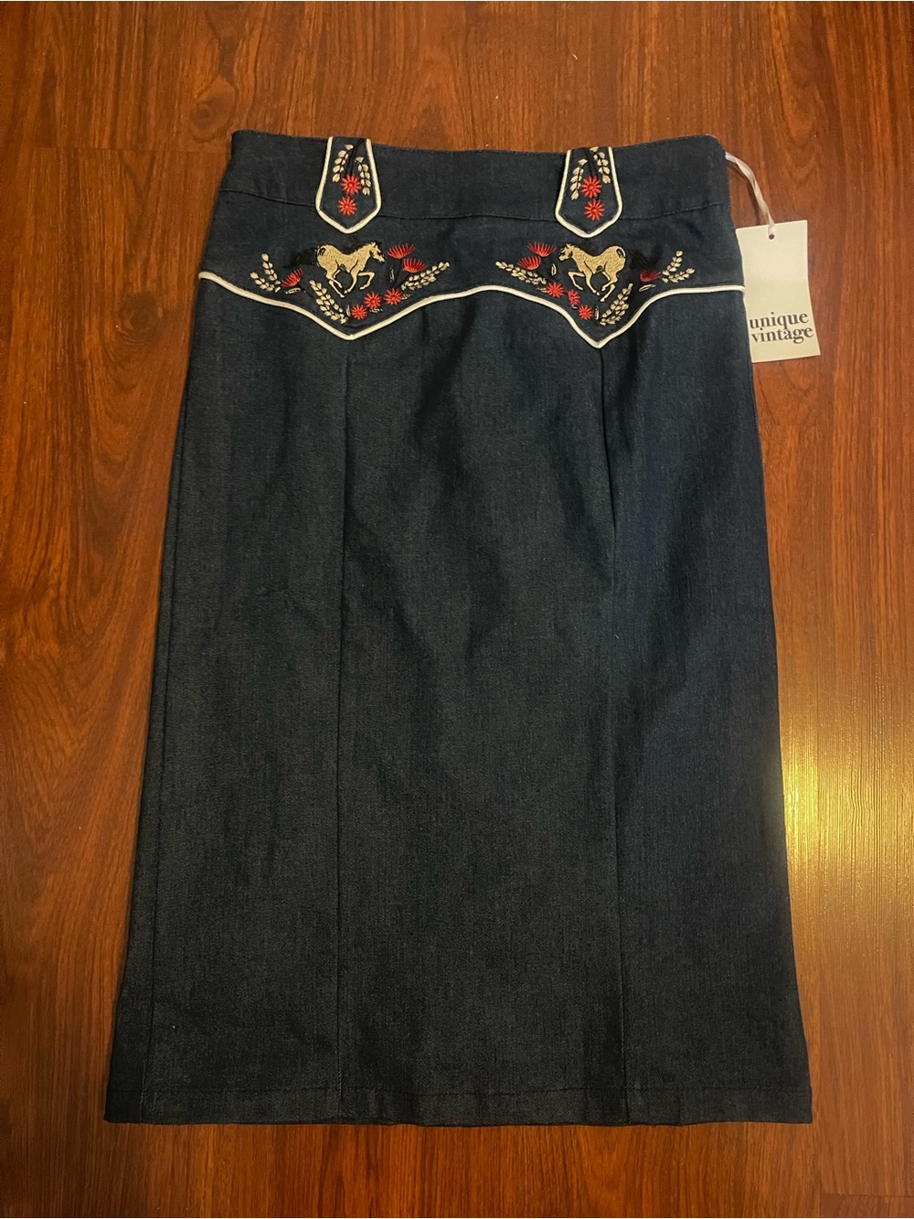 Unique Vintage Navy Pencil Skirt with Embroidered Western Motif